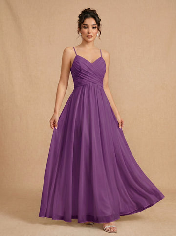 Lace up spaghetti strap ruched bust backless Chiffon bridesmaid dress