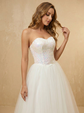 Gradient pink glitter strapless wedding dress