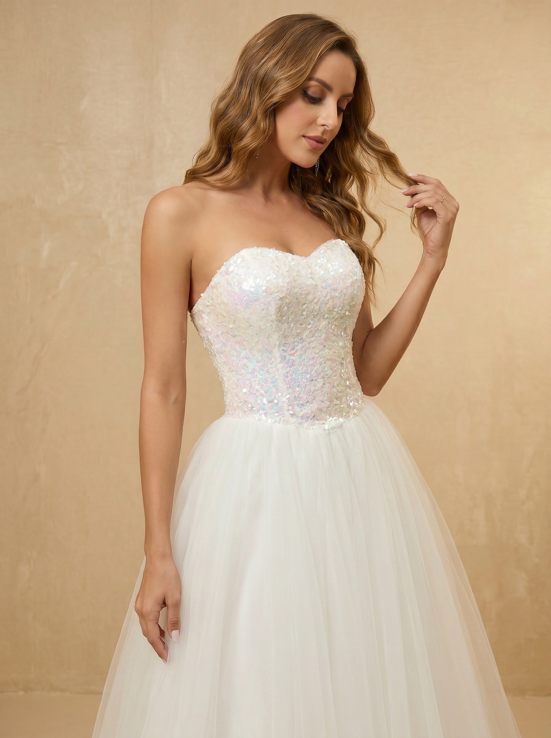 Gradient pink glitter strapless wedding dress