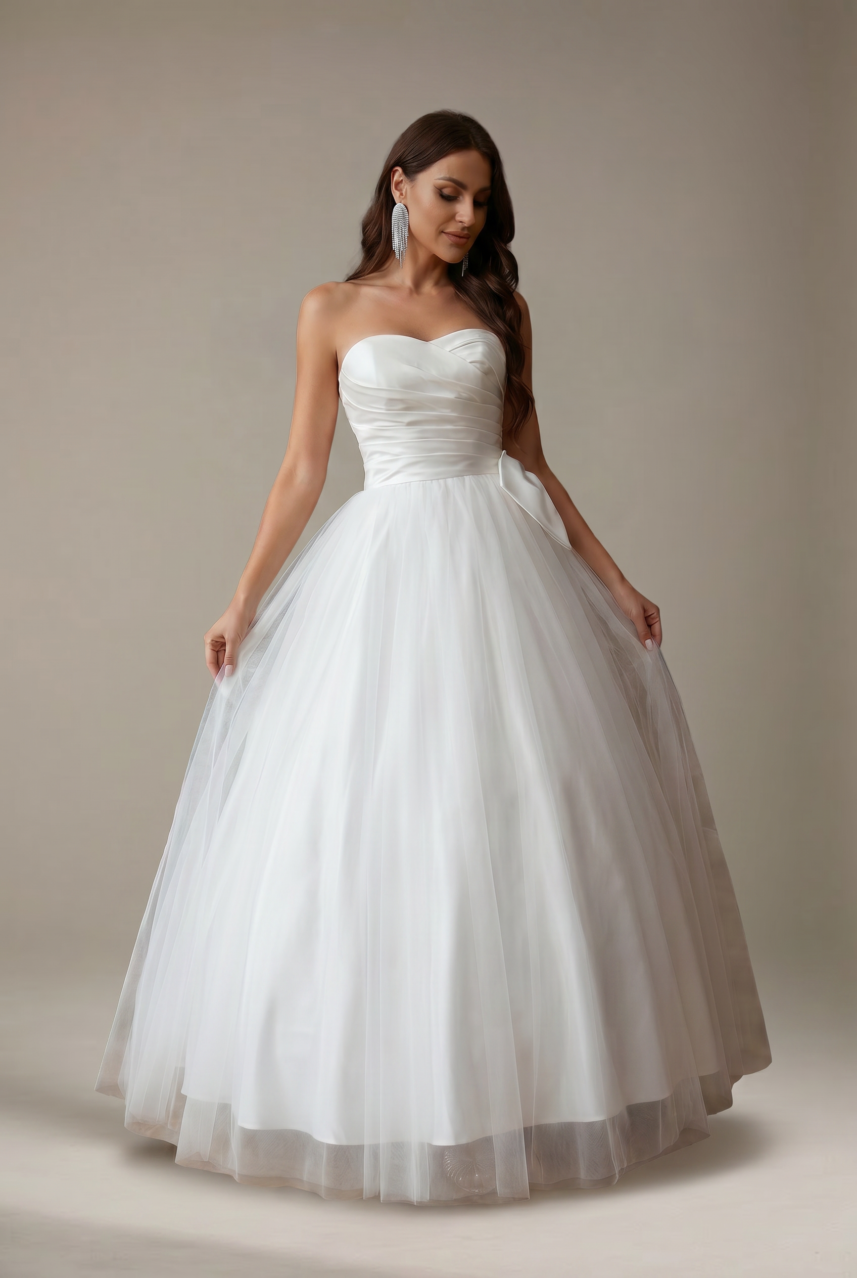 ruched bust satin wedding dress with bow