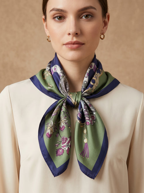 19.7in Vintage style print 100% mulberry Silk scarf accessories