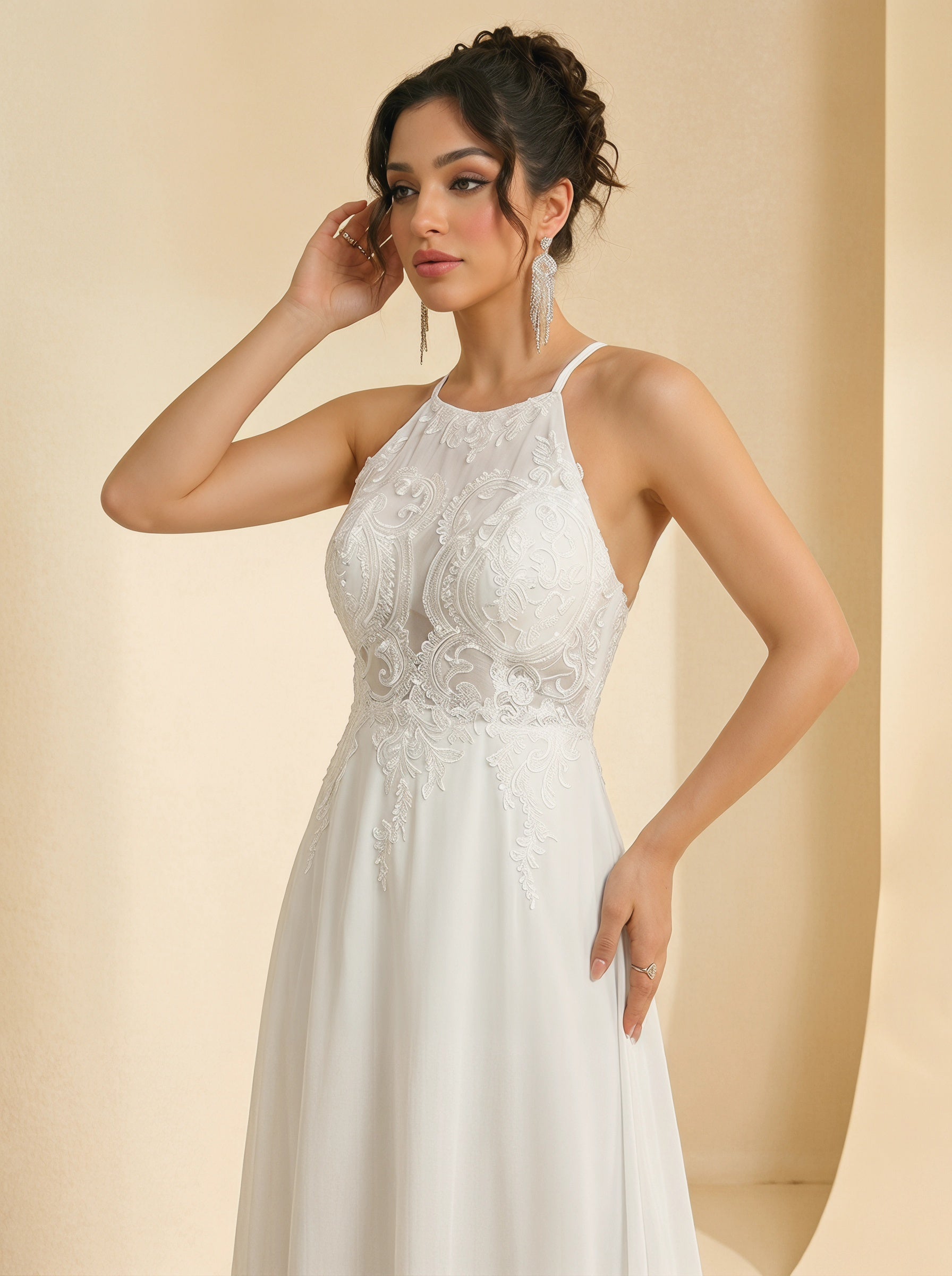 Handmade appliques backless prom dress