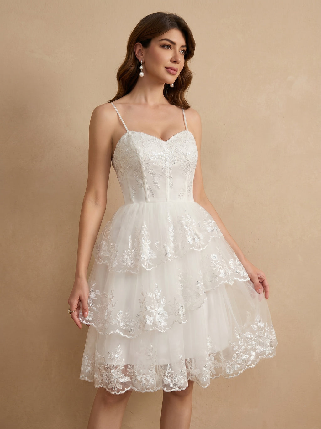Asymmetric layered skirt, lace & sequins appliques wedding dress
