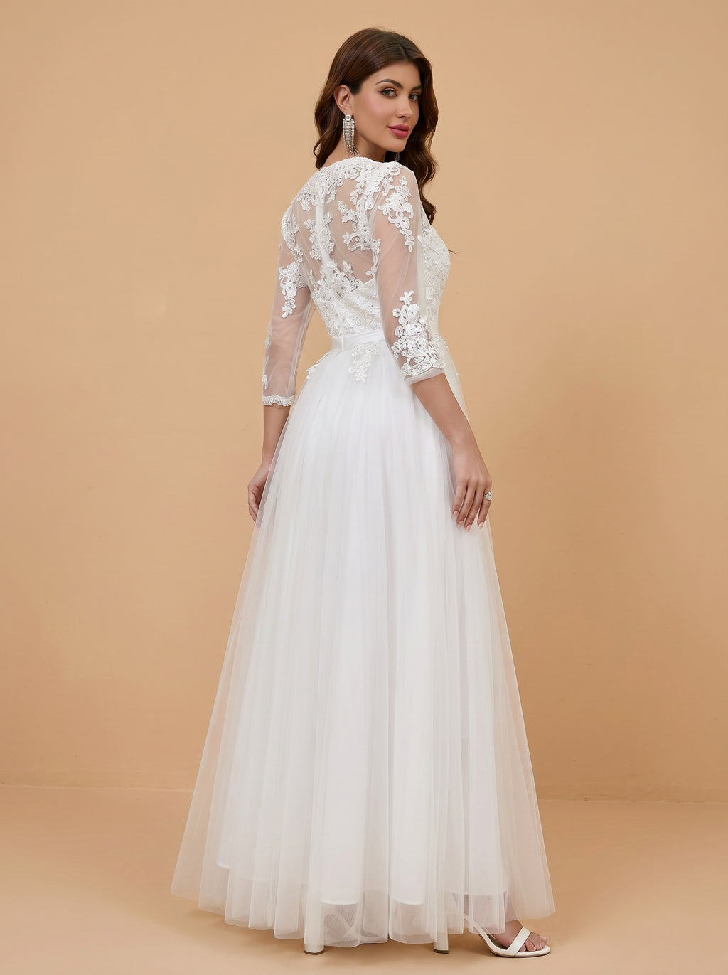 Lace appliques half sleeve tulle wedding dress