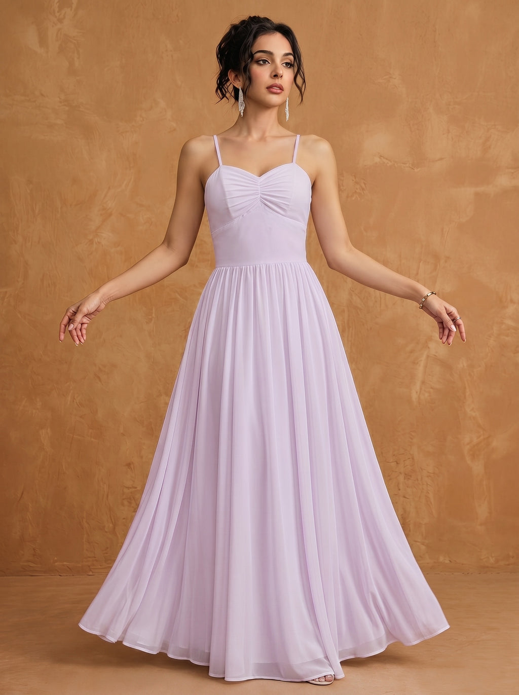 Lace up spaghetti strap ruched bust backless Chiffon bridesmaid dress