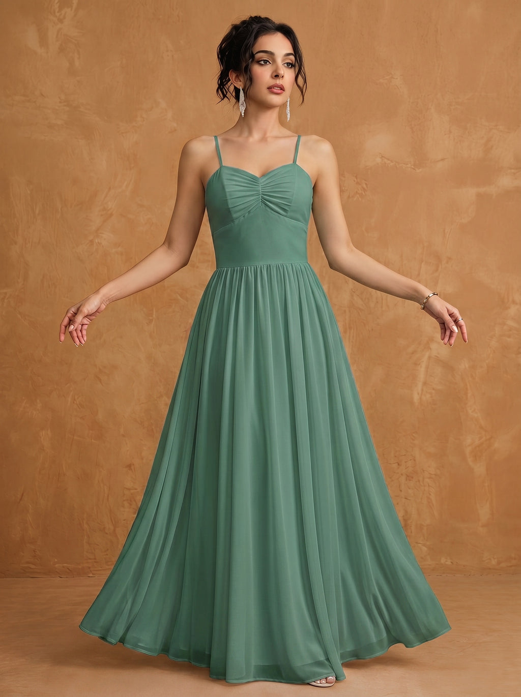 Lace up spaghetti strap ruched bust backless Chiffon bridesmaid dress