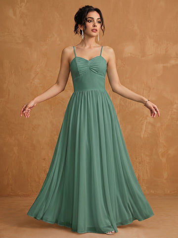 Lace up spaghetti strap ruched bust backless Chiffon bridesmaid dress