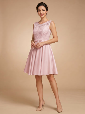 Lace short satin Wedding Dress with bow belt