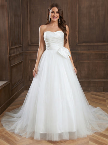 satin ruched bust trailing wedding dress with bow