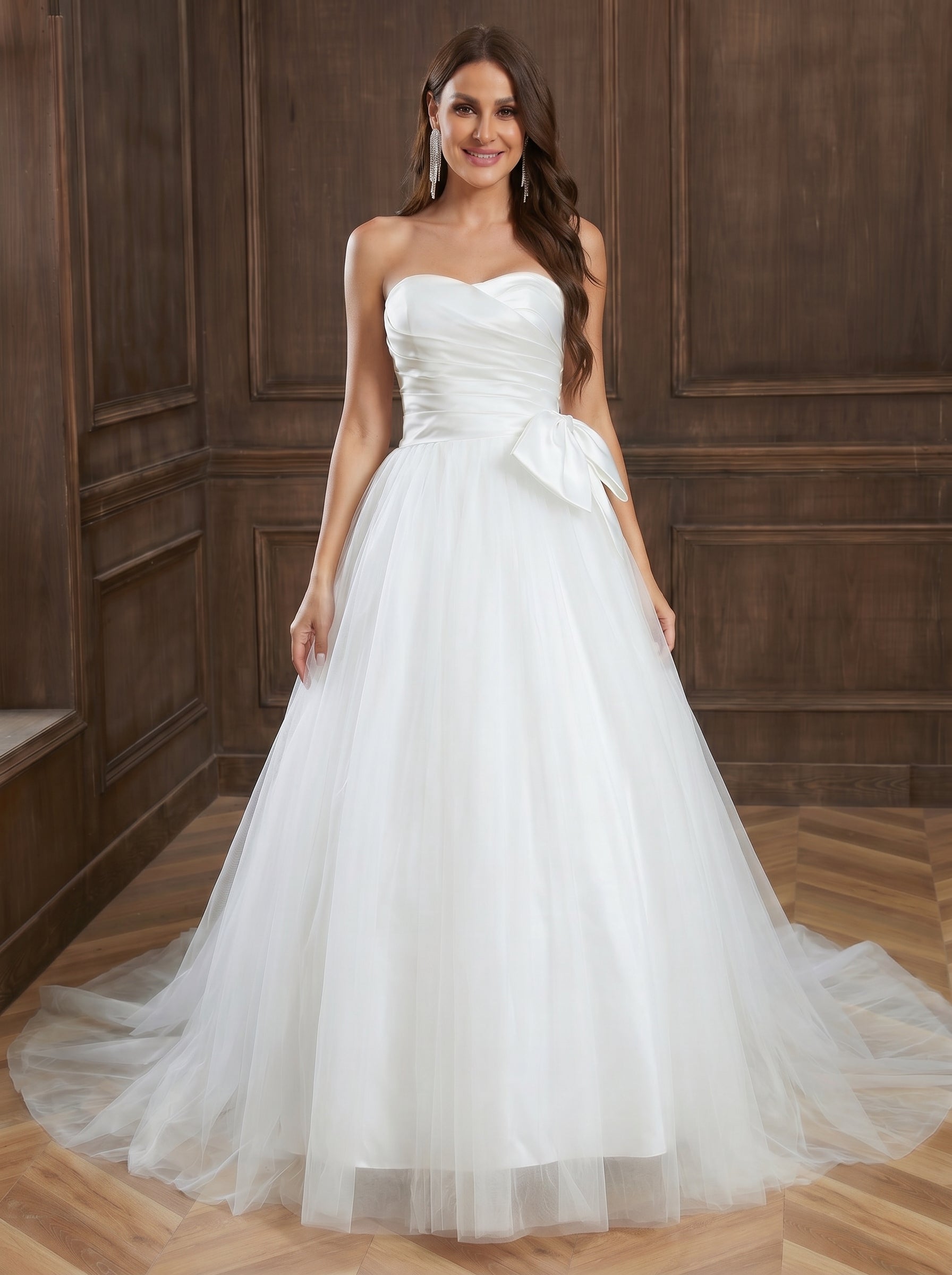 satin ruched bust trailing wedding dress with bow