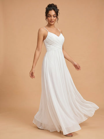 Lace up spaghetti strap ruched bust backless Chiffon bridesmaid dress