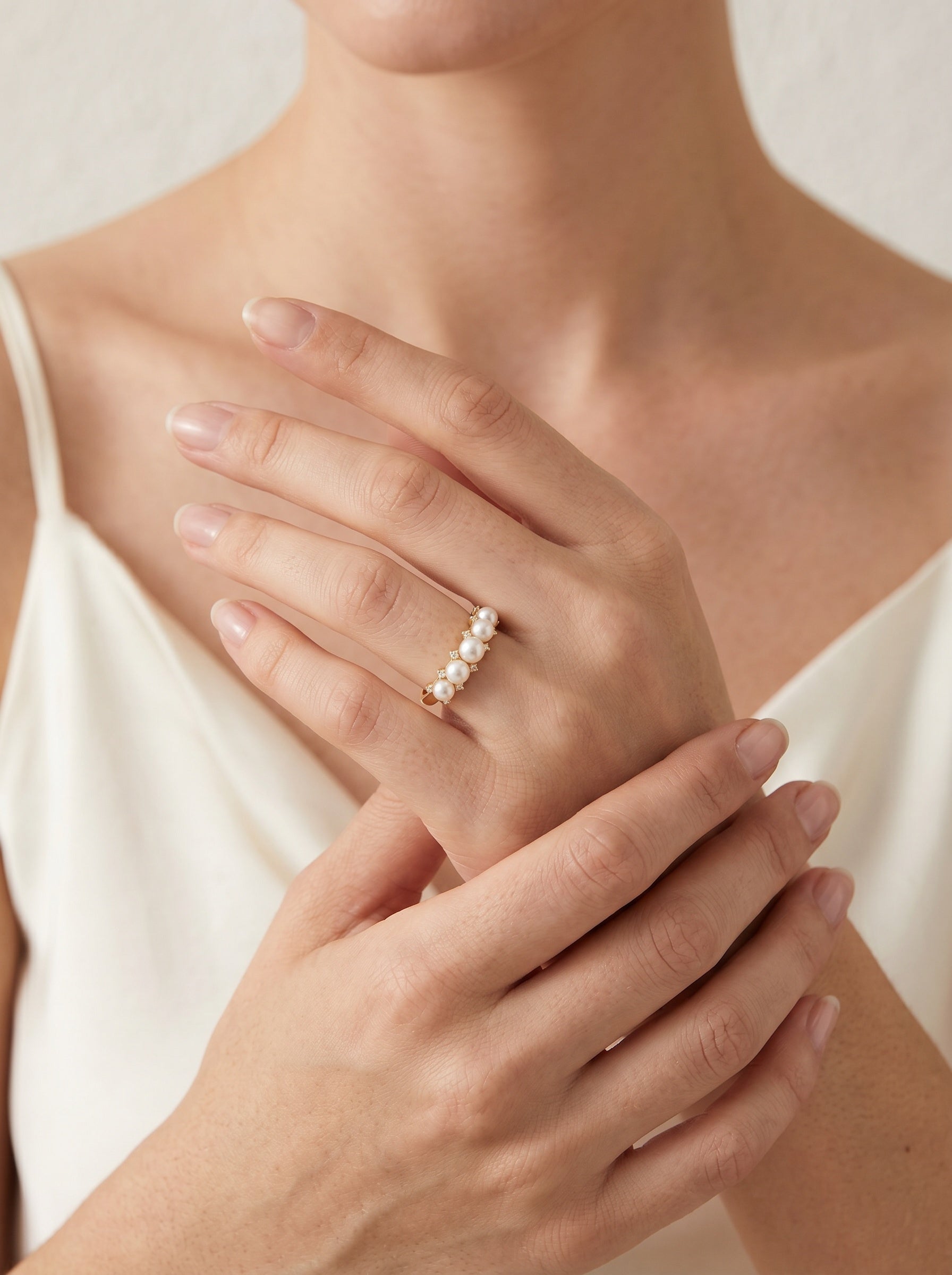 Diamond inlaid natural pearl ring, wedding jewelry for bride/bridesmaid