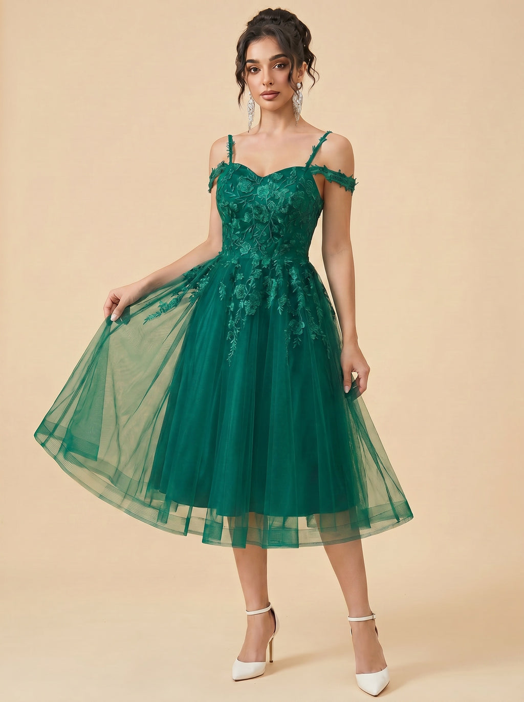 Off-the-shoulder/spaghetti strap midi Wedding Dresses,Tulle prom Dress