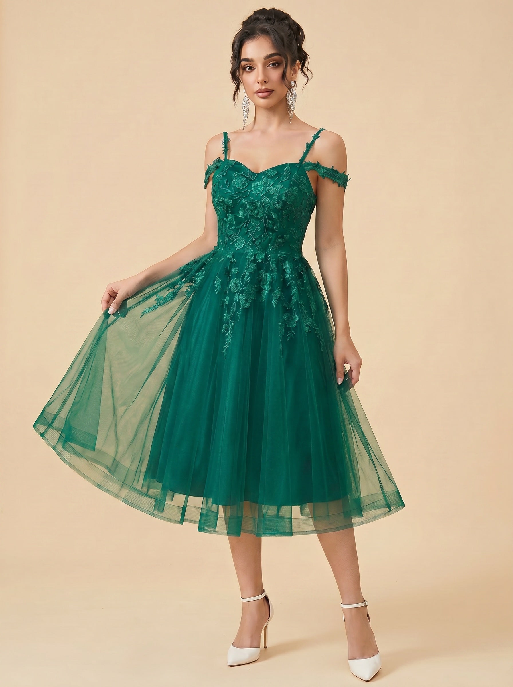 Off-the-shoulder/spaghetti strap midi Wedding Dresses,Tulle prom Dress