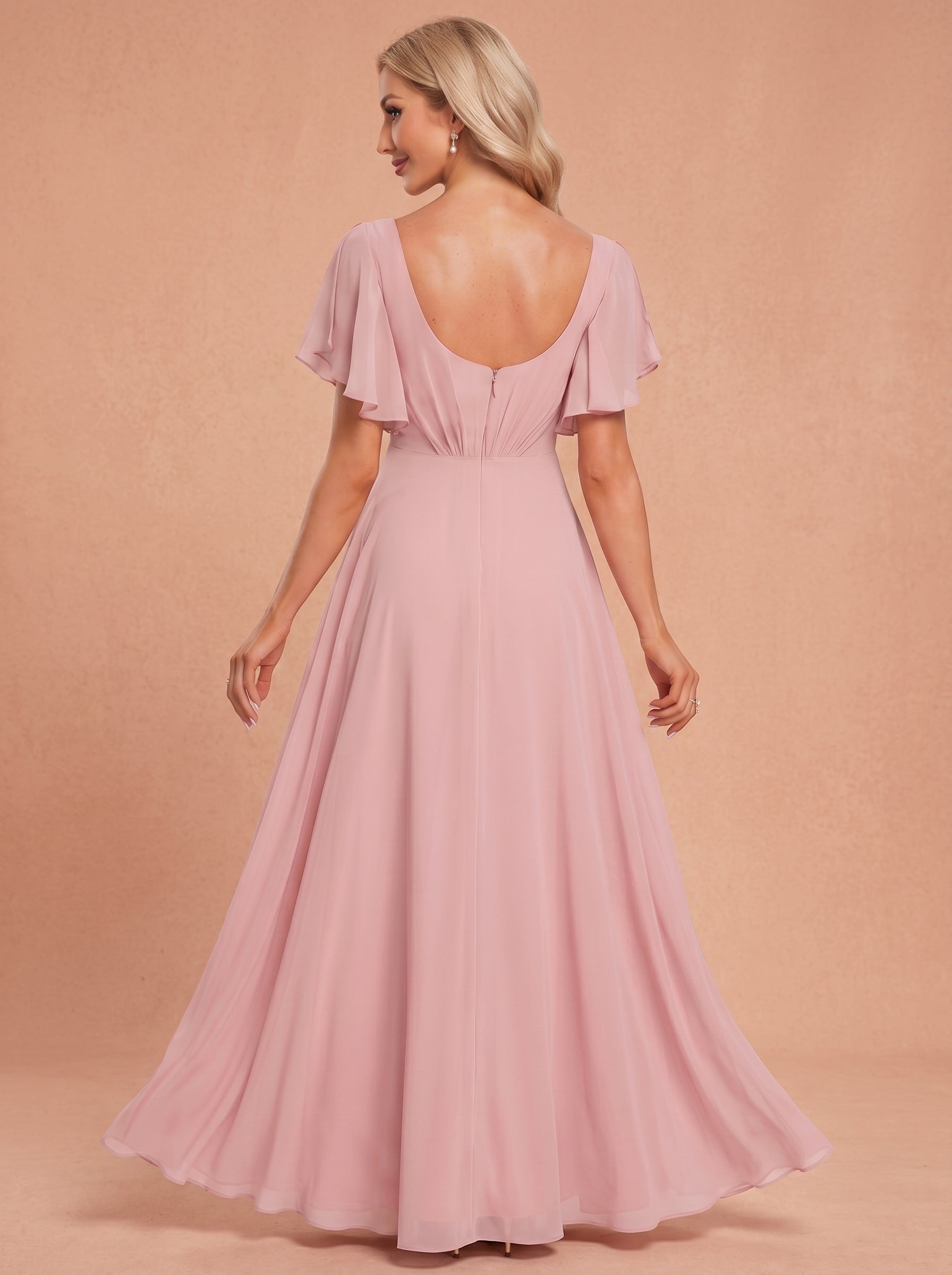 Ruched bust short sleeves Chiffon bridesmaid dress