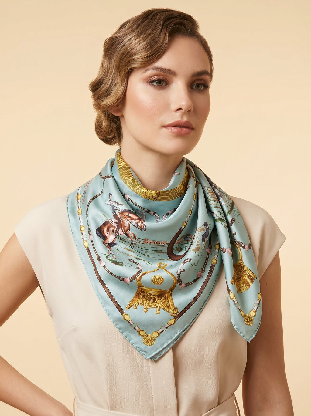 35.4in Mint green vintage style print 100% mulberry Silk scarf accessories