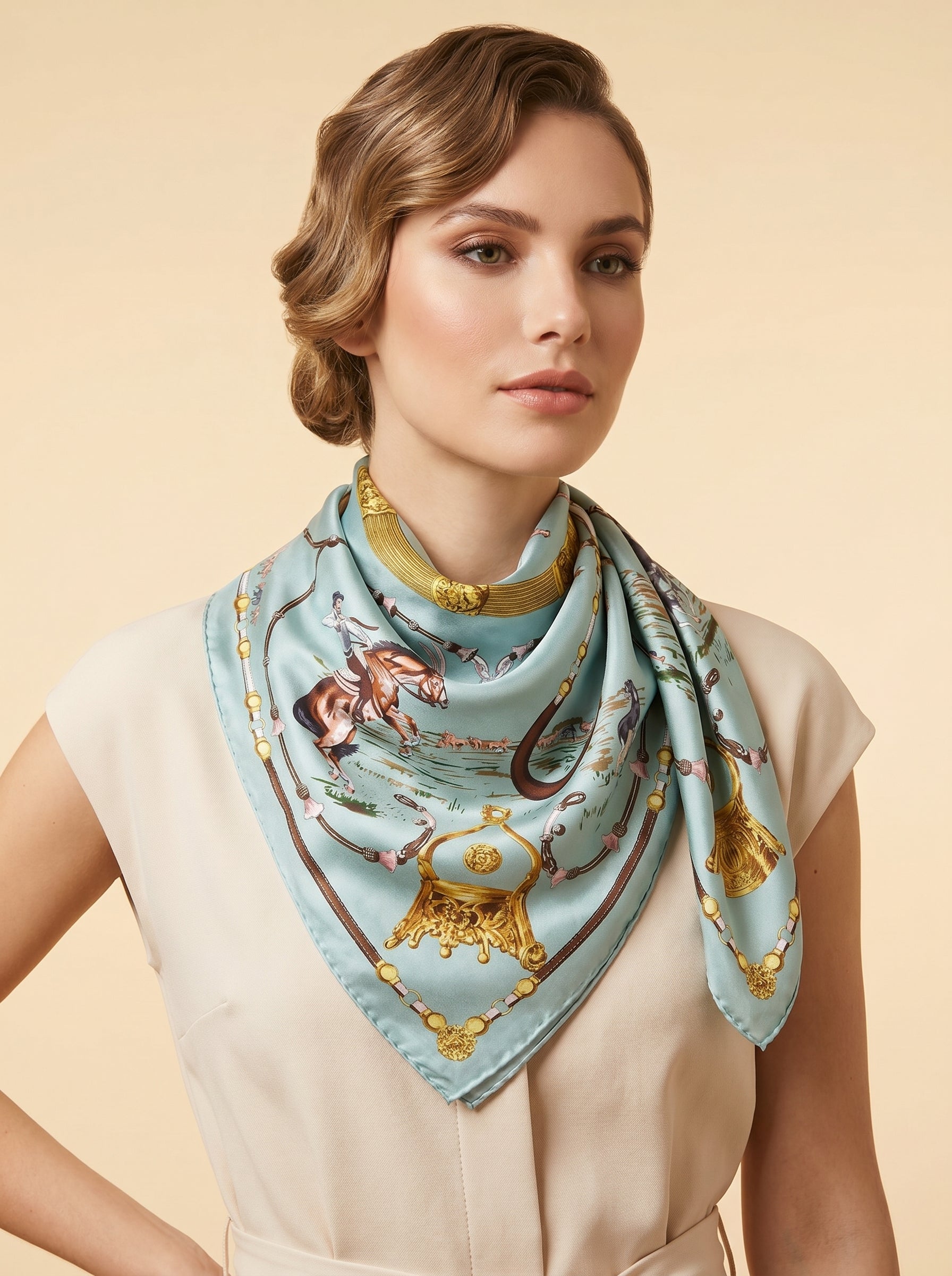 35.4in Mint green vintage style print 100% mulberry Silk scarf accessories
