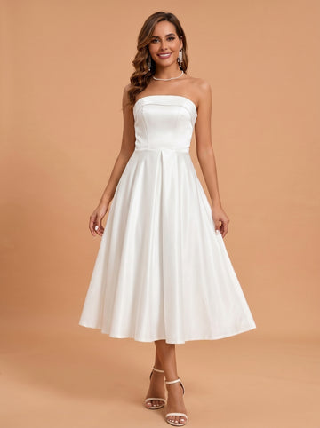 Classic folded satin white dress with pockets，midi length prom Dress