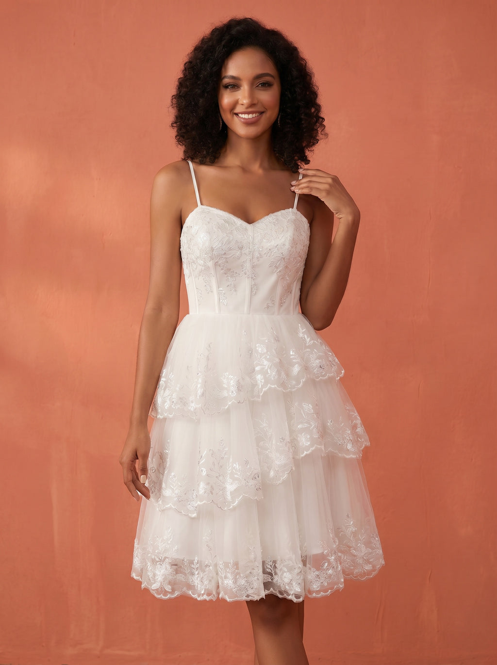 Asymmetric layered skirt, lace & sequins appliques wedding dress
