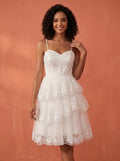 Asymmetric layered skirt, lace & sequins appliques wedding dress
