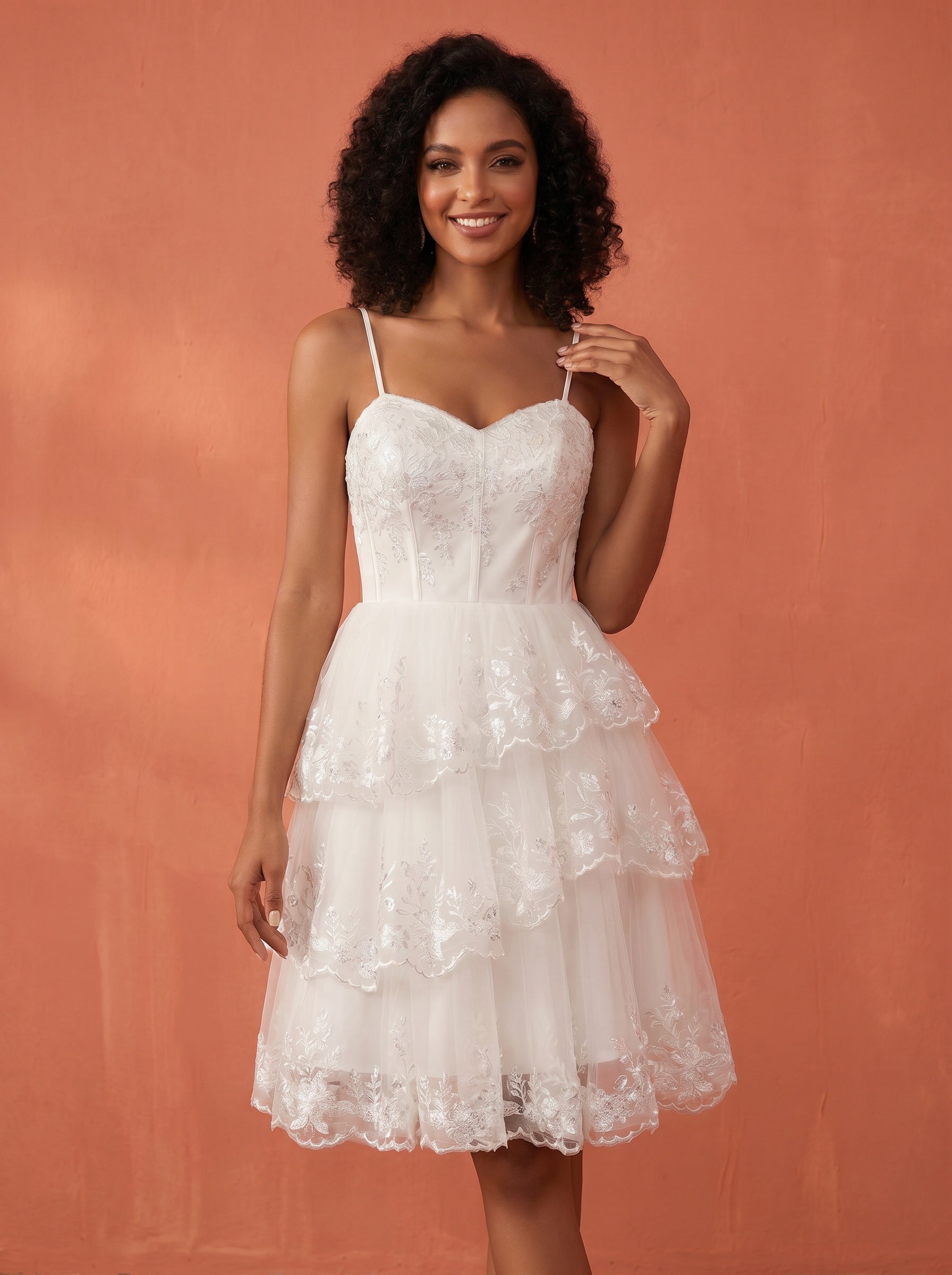 Asymmetric layered skirt, lace & sequins appliques wedding dress