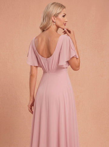 Ruched bust short sleeves Chiffon bridesmaid dress