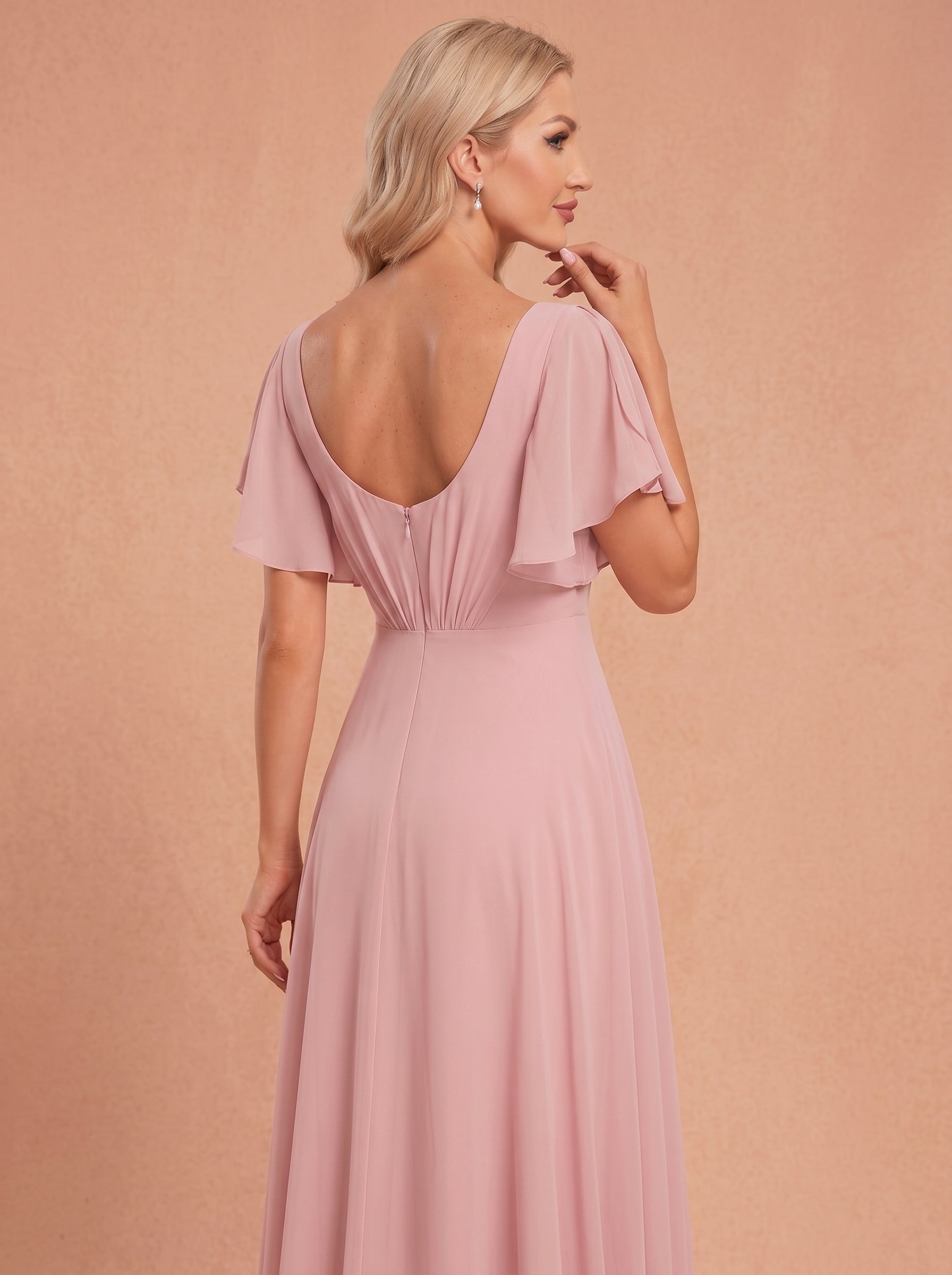 Ruched bust short sleeves Chiffon bridesmaid dress