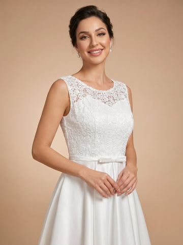 Lace short satin Wedding Dress with bow belt