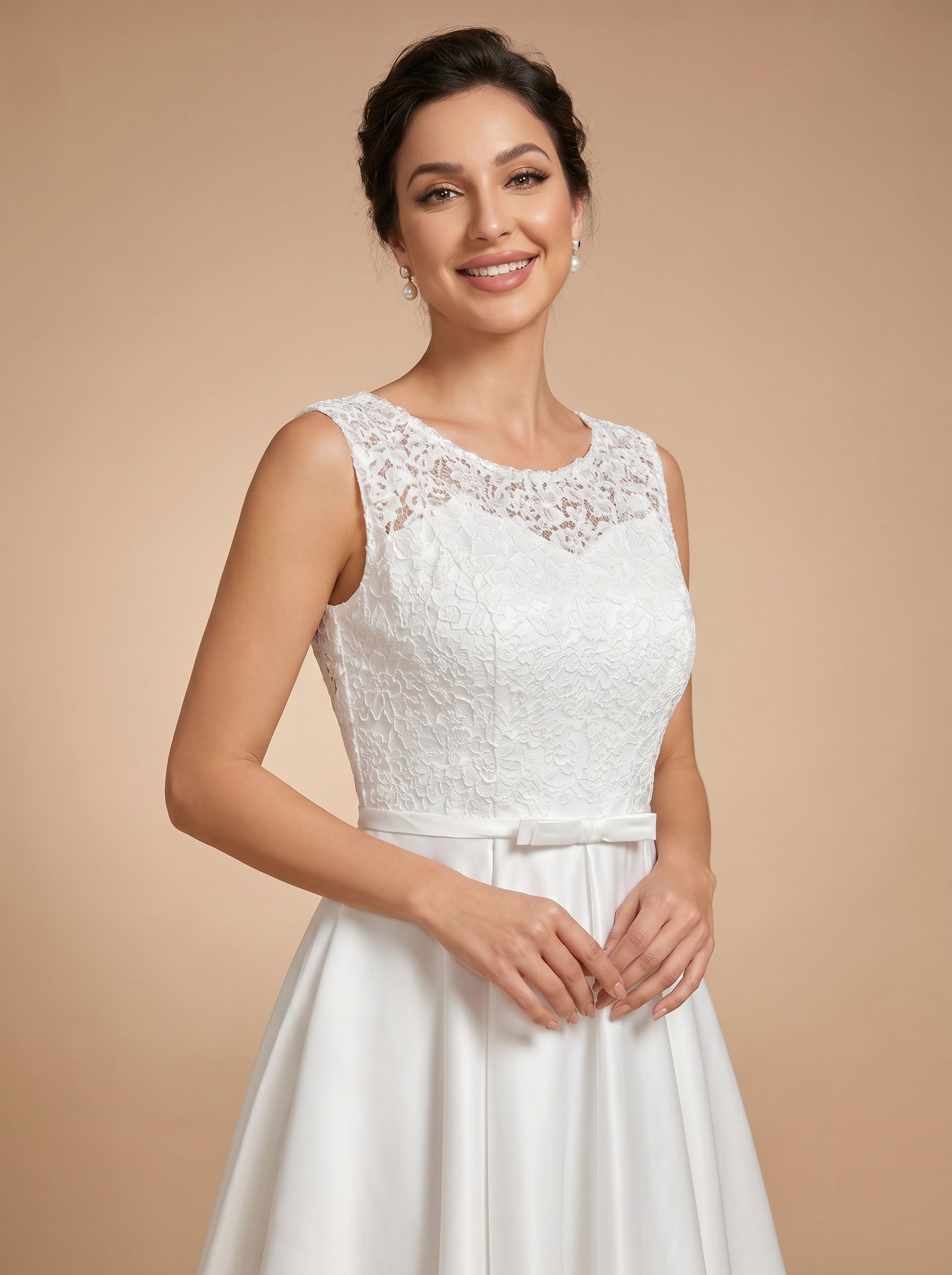 Lace short satin Wedding Dress with bow belt