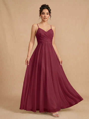Lace up spaghetti strap ruched bust backless Chiffon bridesmaid dress