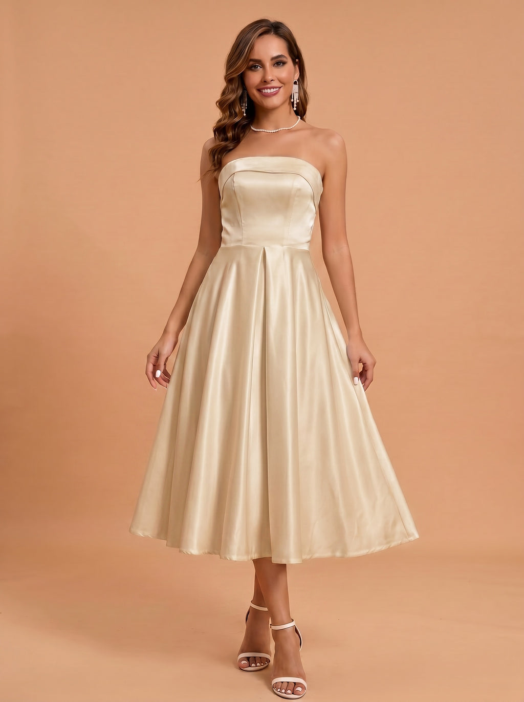 Classic folded satin white dress with pockets，midi length prom Dress