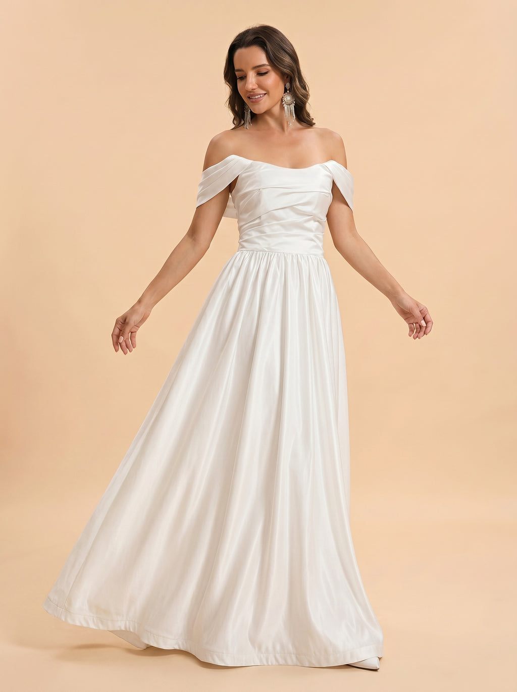 Ruched bust satin off-shoulder wedding dress