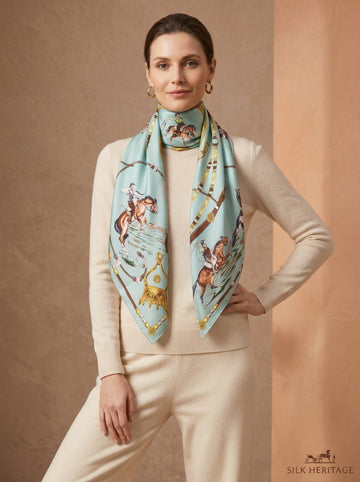 35.4in Mint green vintage style print 100% mulberry Silk scarf accessories