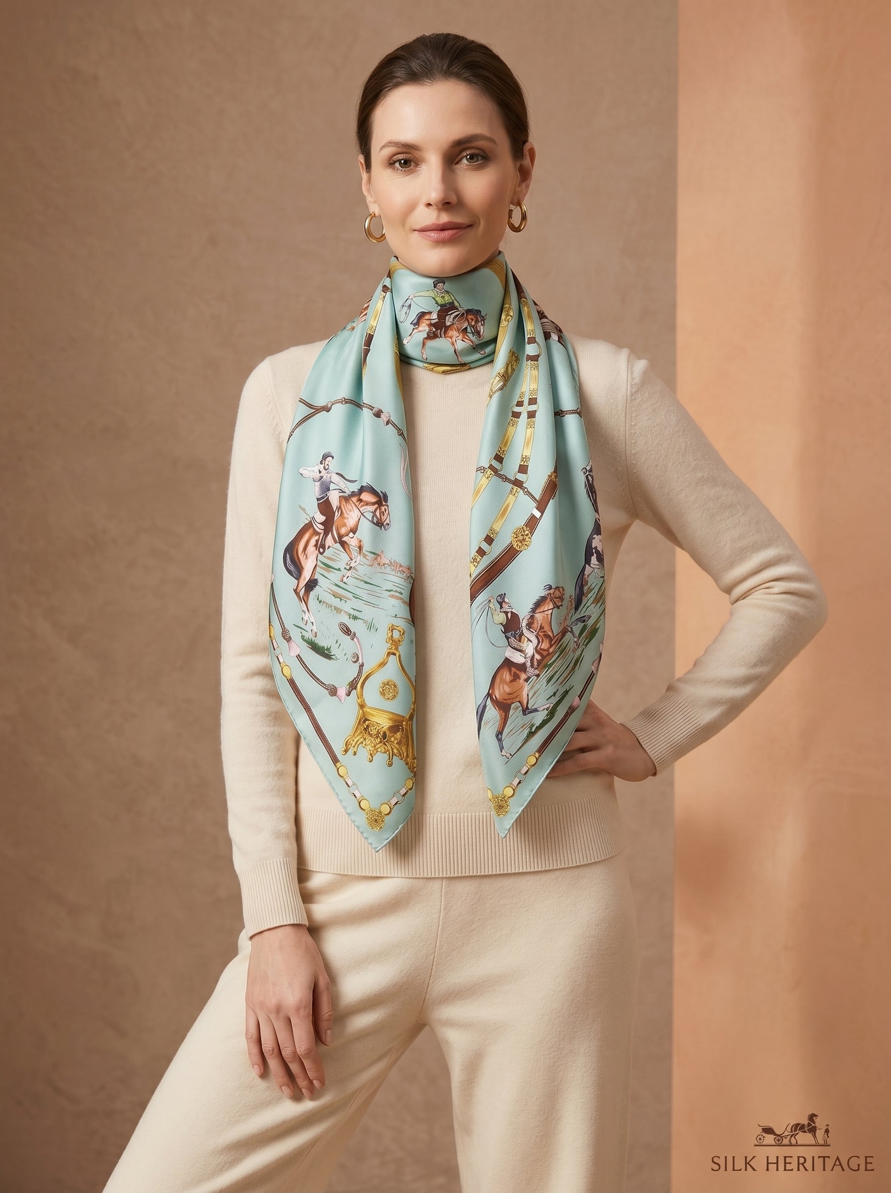 35.4in Mint green vintage style print 100% mulberry Silk scarf accessories