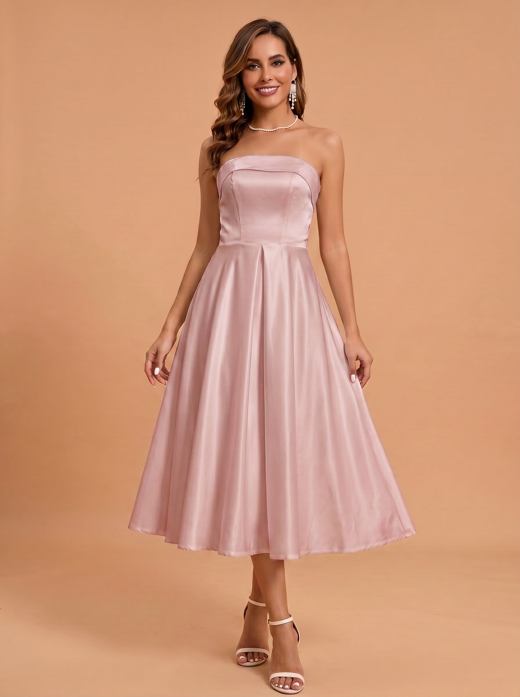 Classic folded satin white dress with pockets，midi length prom Dress
