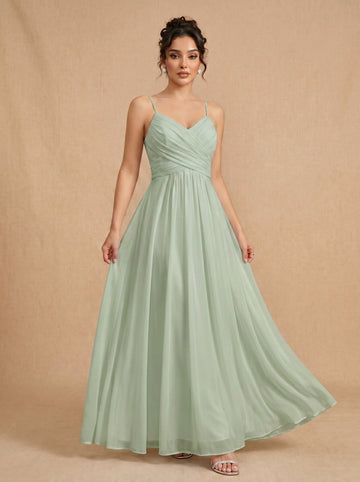 Lace up spaghetti strap ruched bust backless Chiffon bridesmaid dress
