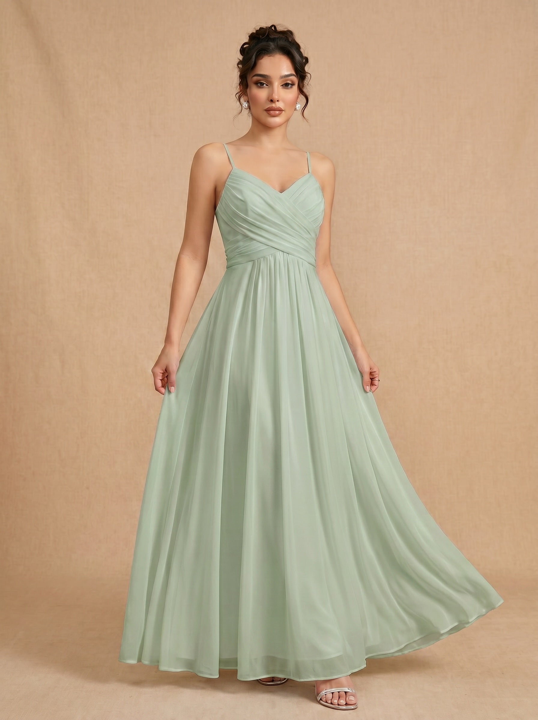 Lace up spaghetti strap ruched bust backless Chiffon bridesmaid dress