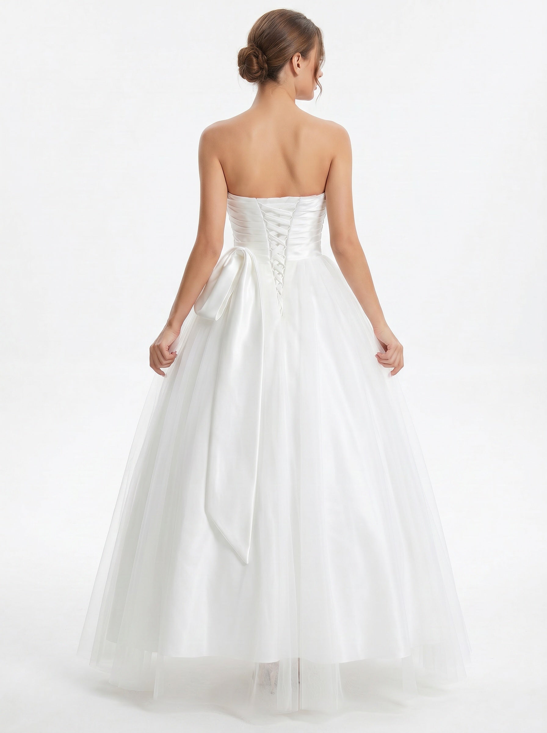 ruched bust satin wedding dress with bow