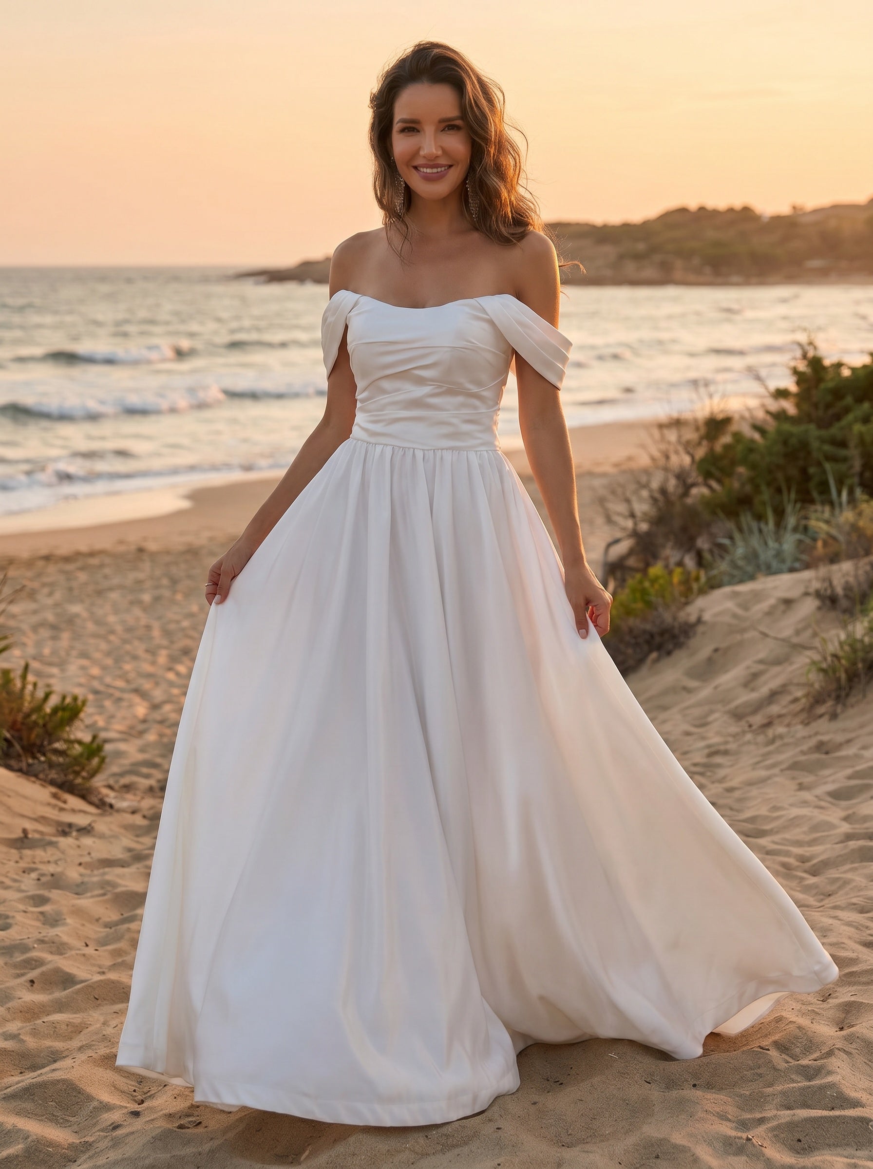 Ruched bust satin off-shoulder wedding dress