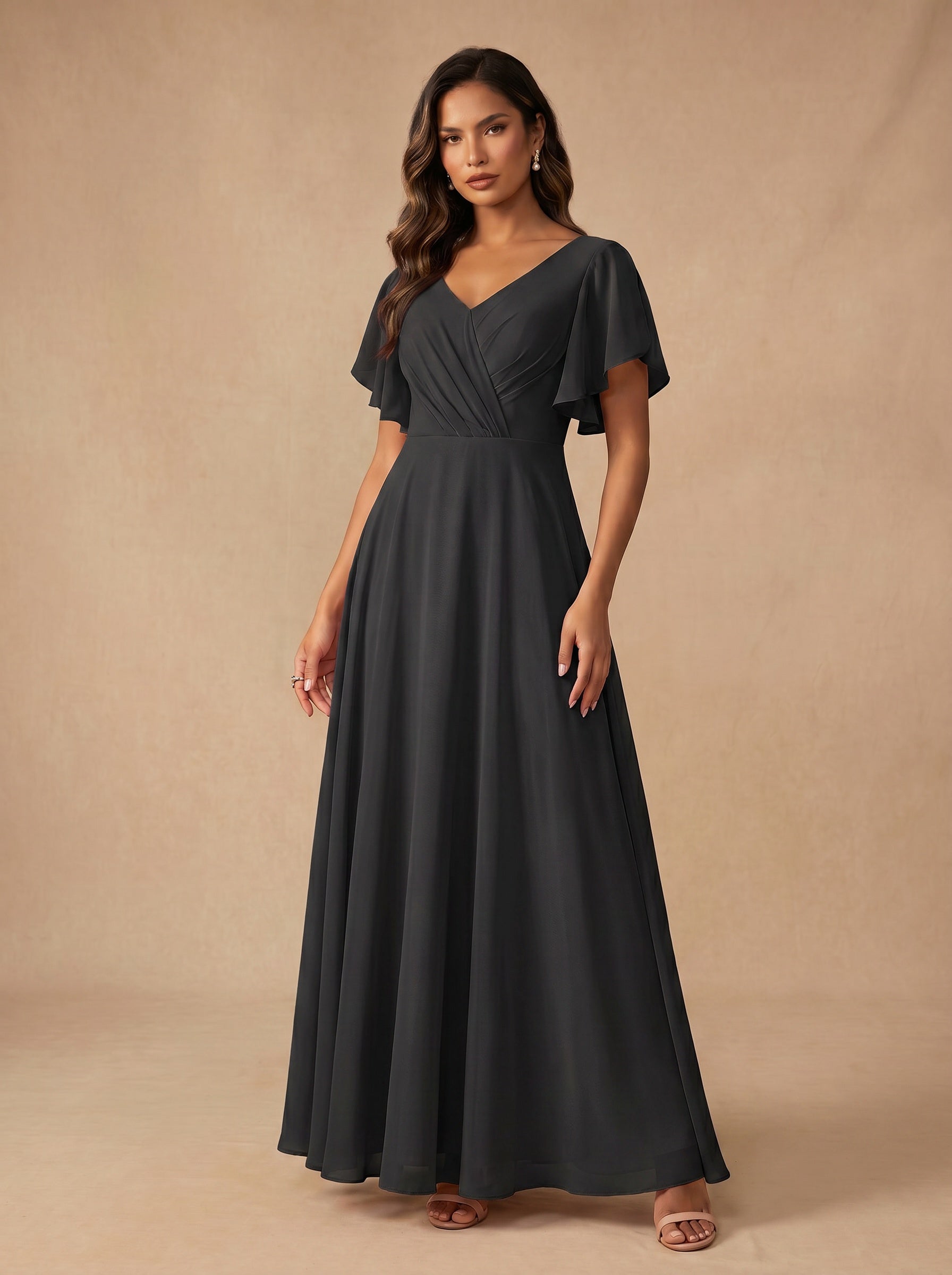 Ruched bust short sleeves Chiffon bridesmaid dress