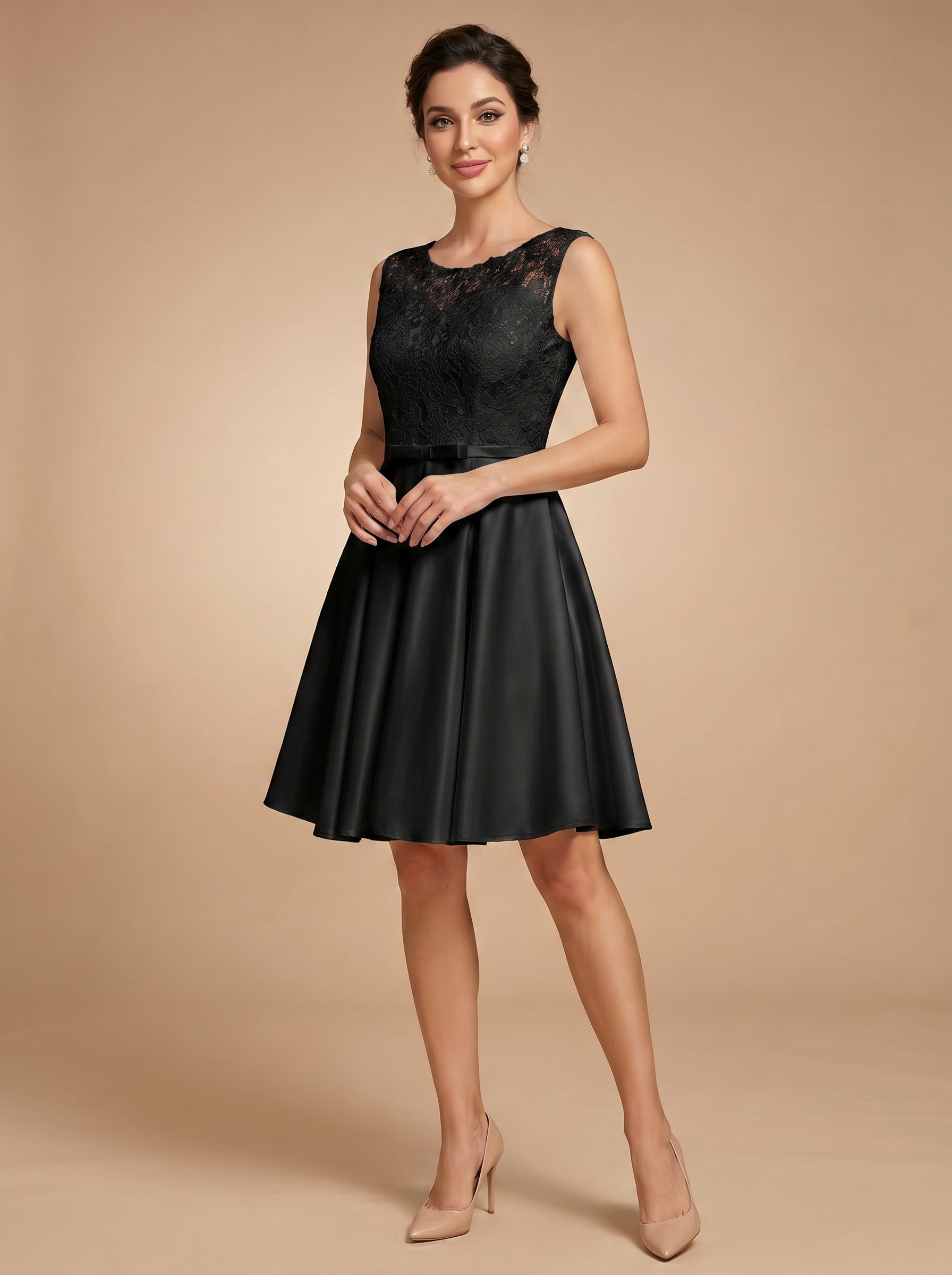 Lace short satin Wedding Dress with bow belt