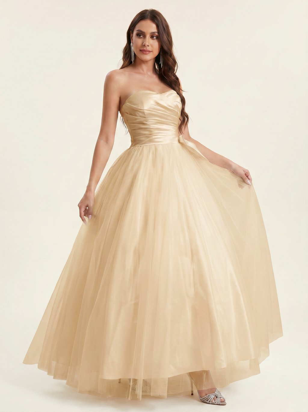 ruched bust satin wedding dress with bow