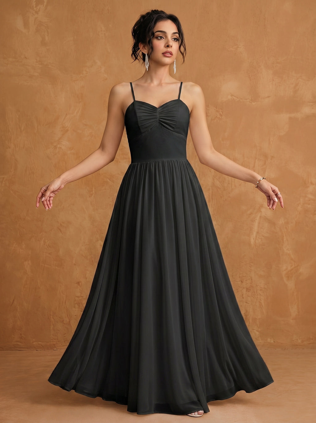 Lace up spaghetti strap ruched bust backless Chiffon bridesmaid dress