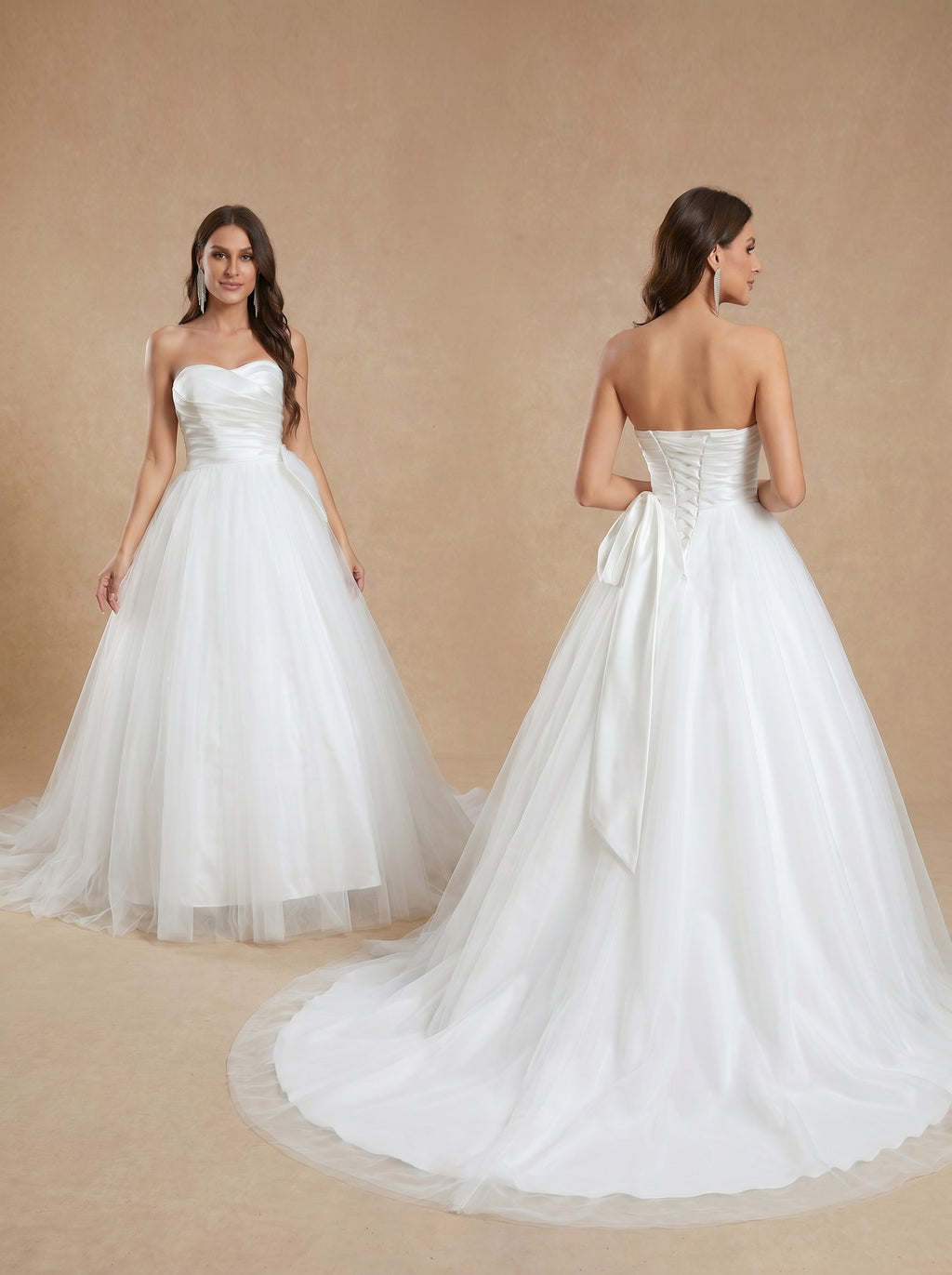 satin ruched bust trailing wedding dress with bow
