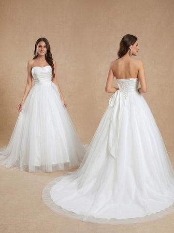 satin ruched bust trailing wedding dress with bow