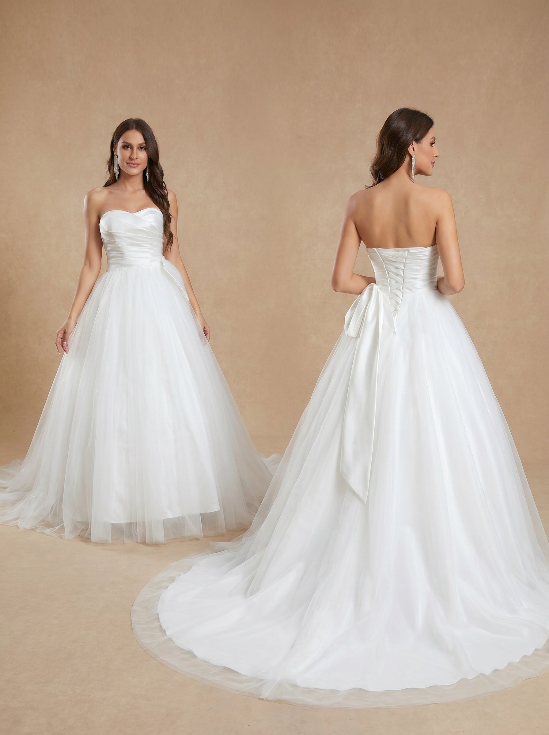 satin ruched bust trailing wedding dress with bow