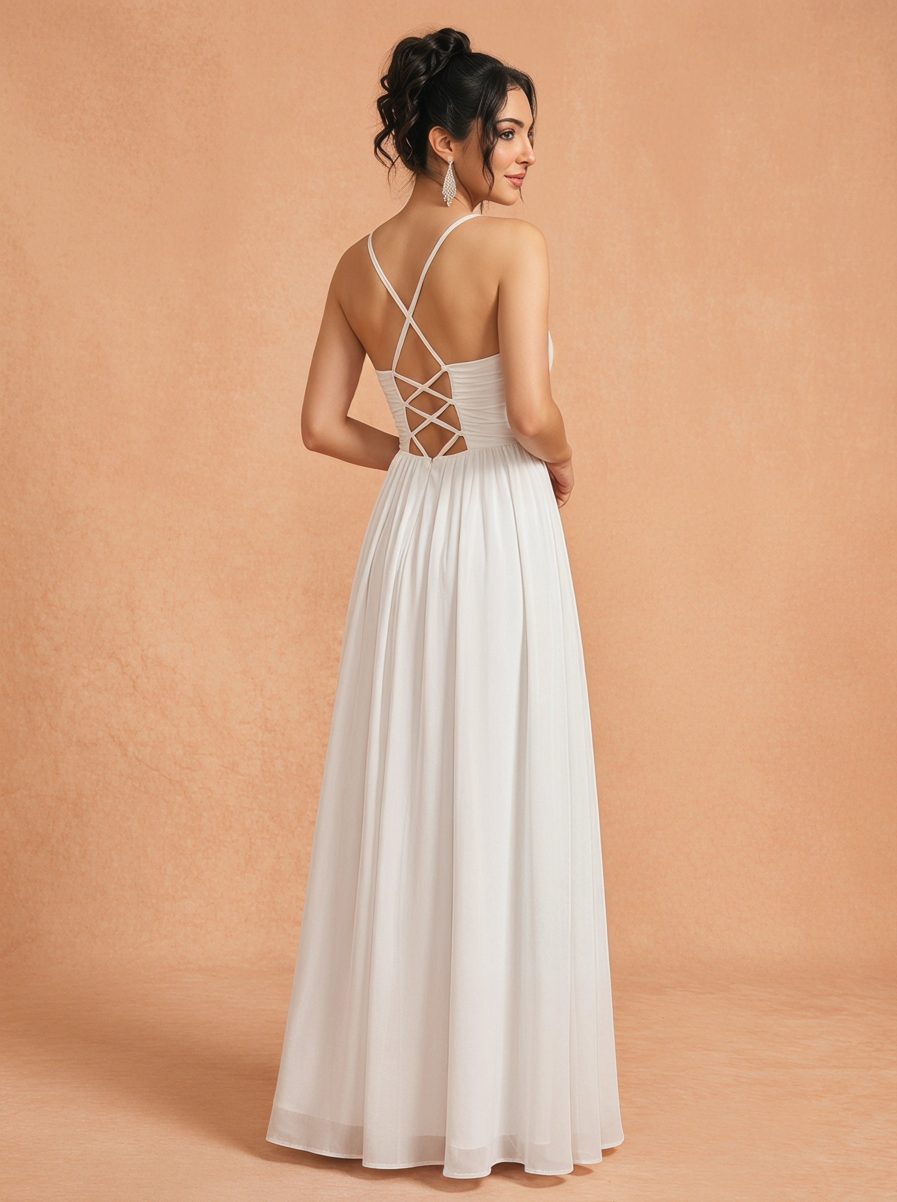 Lace up spaghetti strap ruched bust backless Chiffon bridesmaid dress