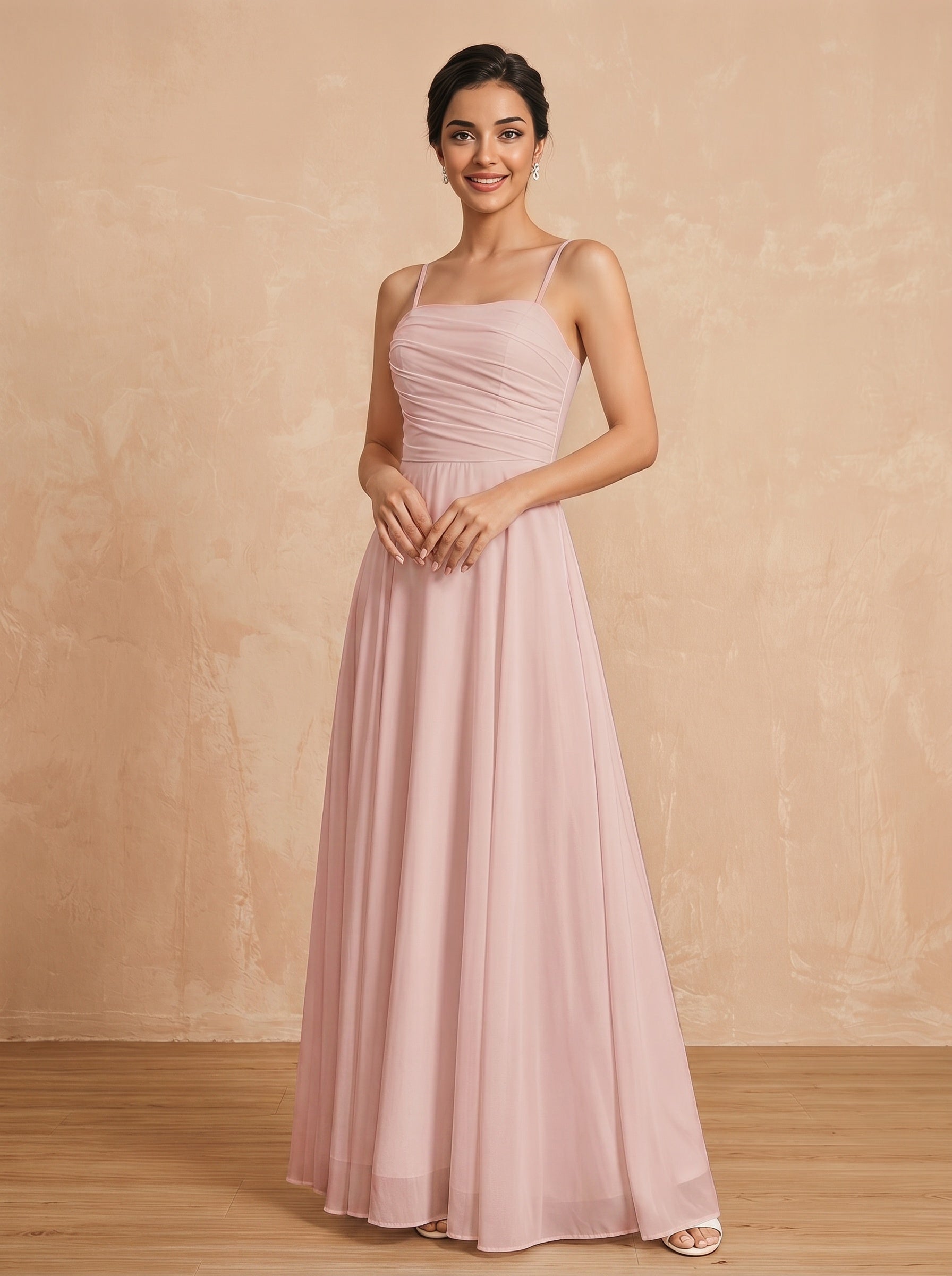Lace up spaghetti strap ruched bust Chiffon bridesmaid dress
