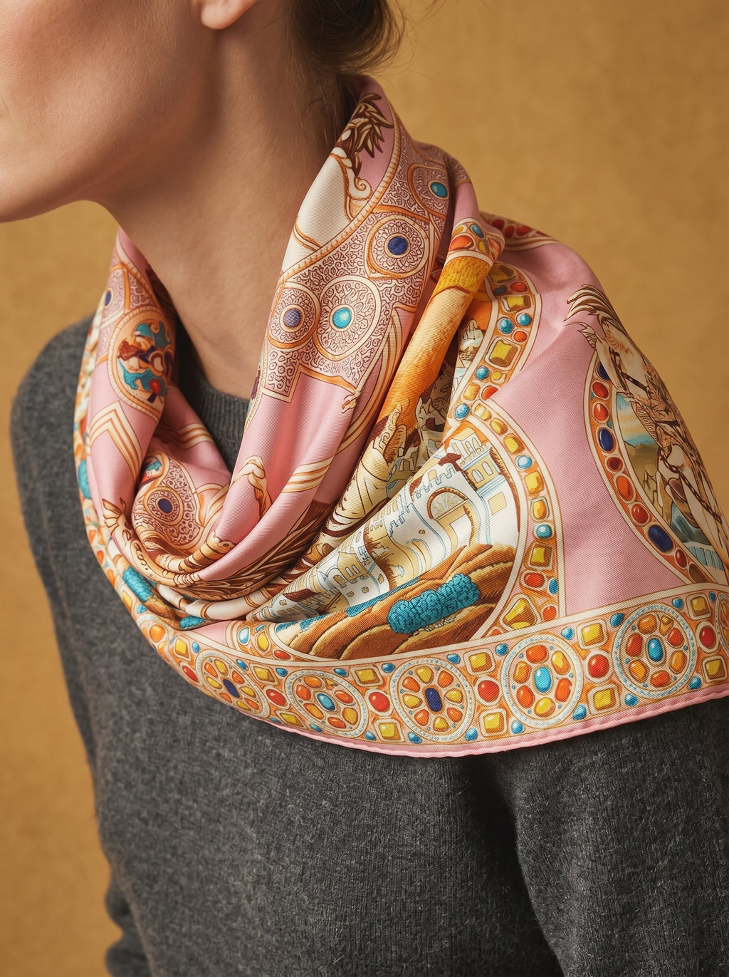 43.3in Vintage style print 100% mulberry Silk scarf accessories，Beach sunscreen scarf