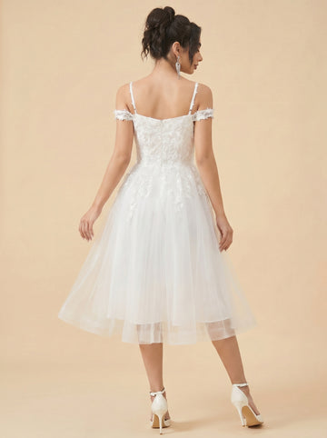 Off-the-shoulder/spaghetti strap midi Wedding Dresses,Tulle prom Dress